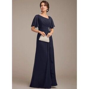 Navy Blue Evening Gown Embellished Waist Chiffon Beading Mother of The Bride NWT